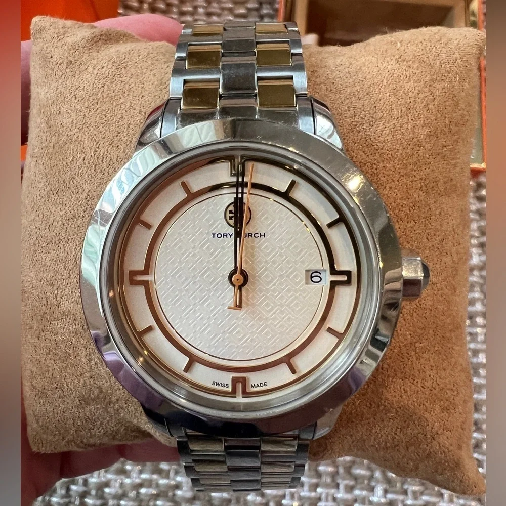 Tory Burch cream dial two tone date steel quartz women’s watch jewelry TRB1014